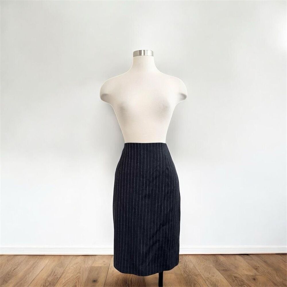 Focus 2000 Black Pinstripe Wool Skirt Pencil 10 Medium Work Career Y2K
